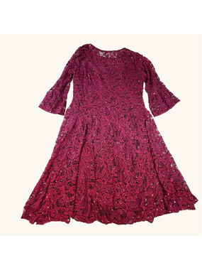 Chris McLaughlin Sequin Lace Midi Dress Women’s Size 16 Berry Bell Sleeve